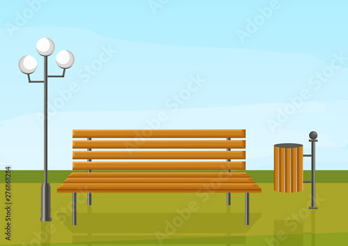 Bench in the park Vector flat style. wooden chair green grass and a lamp outd...