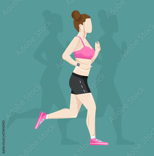 Woman running Vector flat style. Cardio healthy lifestyle templates
