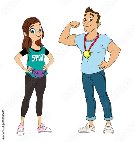 Man and woman sport coach Vector cartoon characters. Healthy lifestyle traine...
