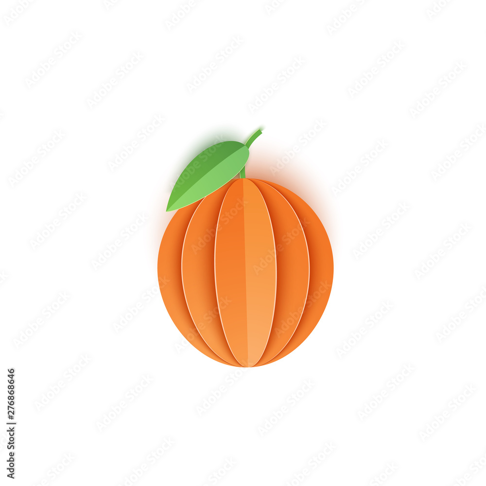 The paper is sliced with whole orange citrus, an excellent design for any purpose. Summer, sweet mandarin juicy food. Vector card paper cut style 3d illustration. Tropical papercraft layers fruit.