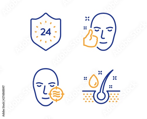 Healthy face, Problem skin and 24 hours icons simple set. Serum oil sign. Healthy cosmetics, Facial care, Protection. Beauty set. Linear healthy face icon. Colorful design set. Vector