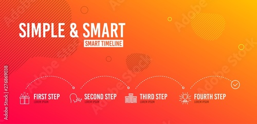 Infographic timeline. Company, Special offer and Breathing exercise icons simple set. Trophy sign. Building, Delivery box, Breath. Winner cup. Business set. 4 steps layout. Line company icon. Vector