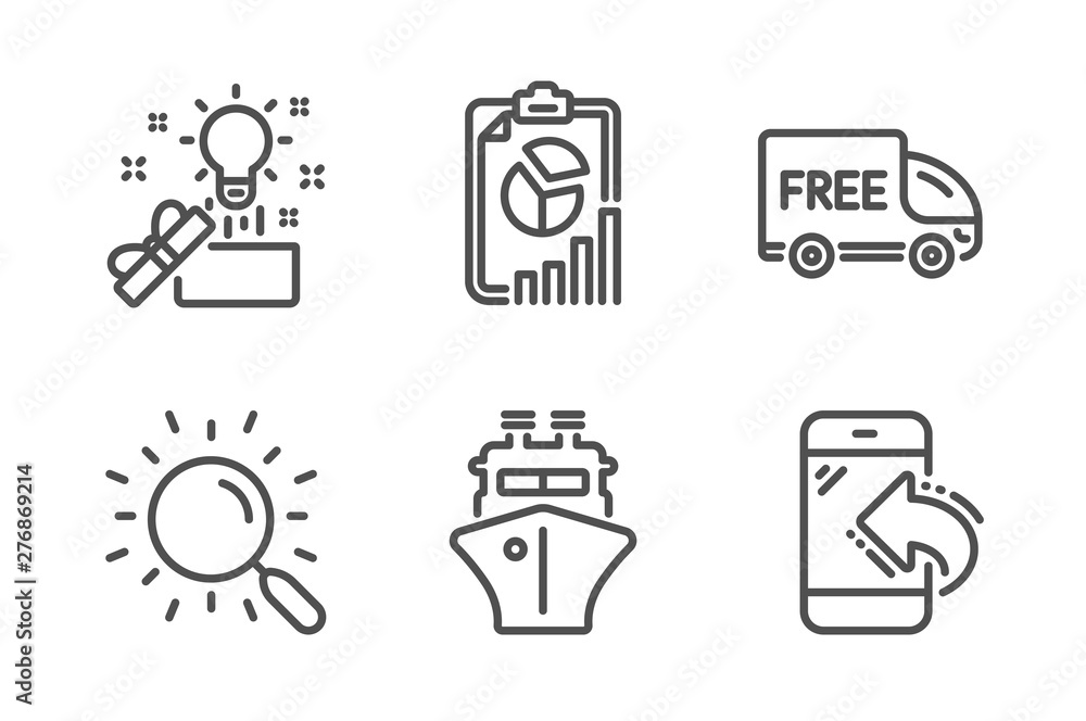 Report, Ship and Search icons simple set. Free delivery, Creative idea and Incoming call signs. Presentation chart, Shipping watercraft. Business set. Line report icon. Editable stroke. Vector Report, Ship and Search icons simple set. Free delivery, Creative idea and Incoming call signs. Presentation chart, Shipping watercraft. Business set. Line report icon. Editable stroke. Vector
