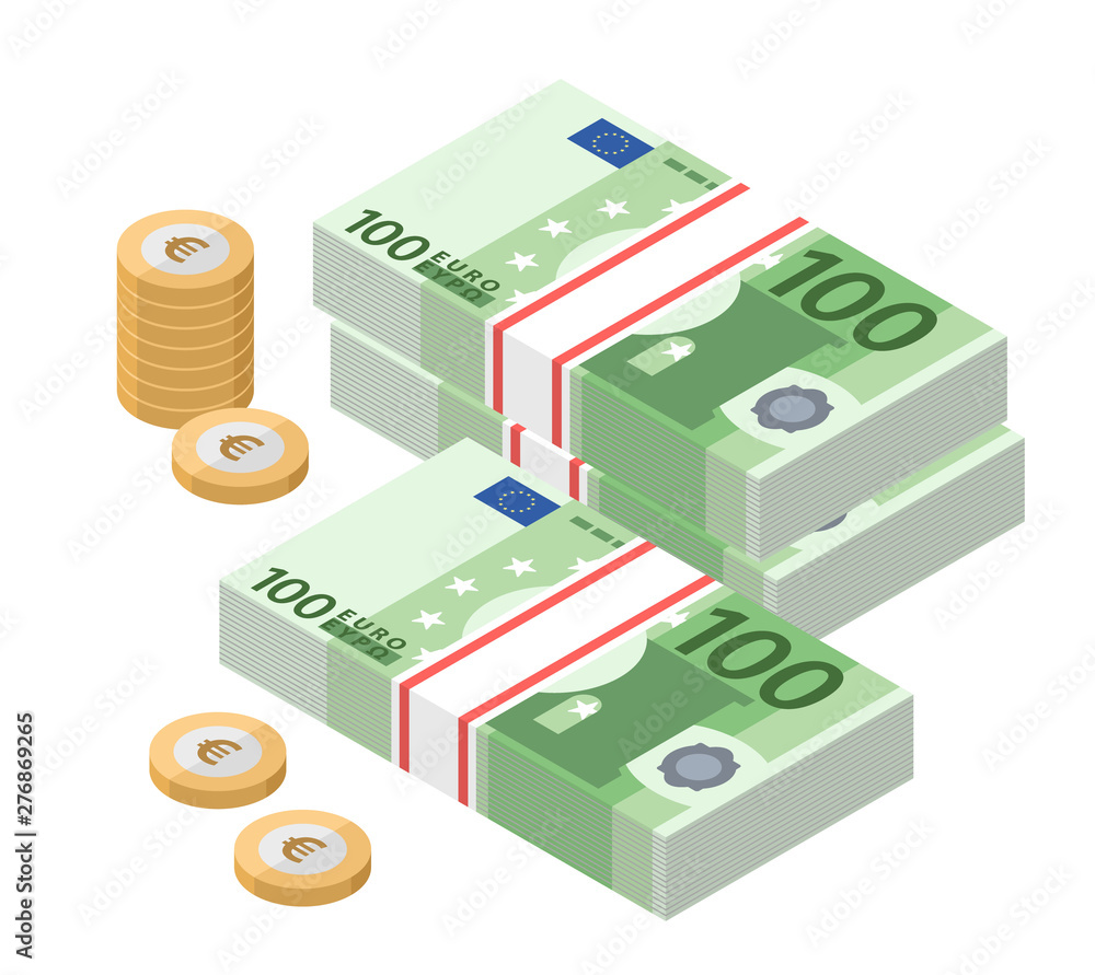 Isometric stacks of 100 euro banknotes. Paper money and coins. One hundred bills. European currency notes. Vector illustration. Isometric stacks of 100 euro banknotes. Paper money and coins. One hundred bills. European currency notes. Vector illustration.