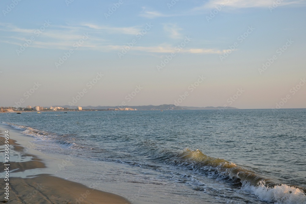 Albanian sandy beach and Adriatic Sea just before sunset. Golem / Durres, Albania