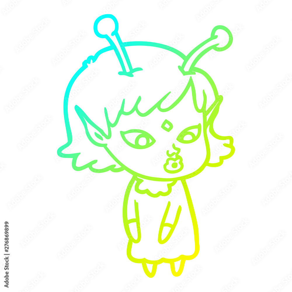 Fototapeta premium cold gradient line drawing pretty cartoon alien girl