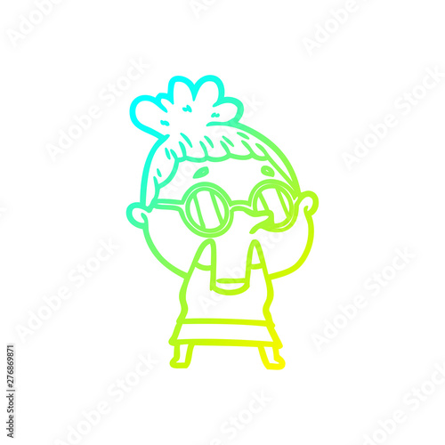 cold gradient line drawing cartoon woman wearing glasses