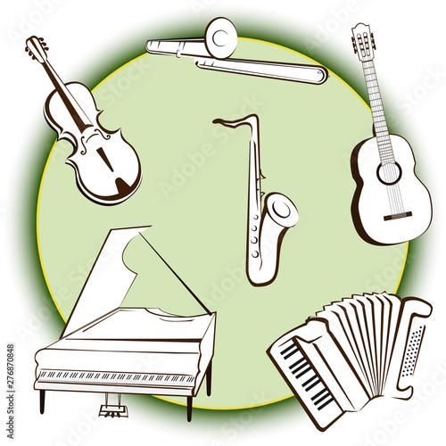 Collection of music icons on green background - vector silhouette picture