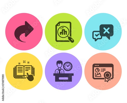 Presentation time, Share and Technical documentation icons simple set. Analytics graph, Reject and Seo certificate signs. Report, Link. Technology set. Flat presentation time icon. Circle button