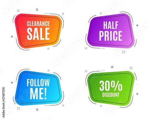 Geometric banners. 30% Discount. Sale offer price sign. Special offer symbol. Follow me banner. Clearance sale. Vector