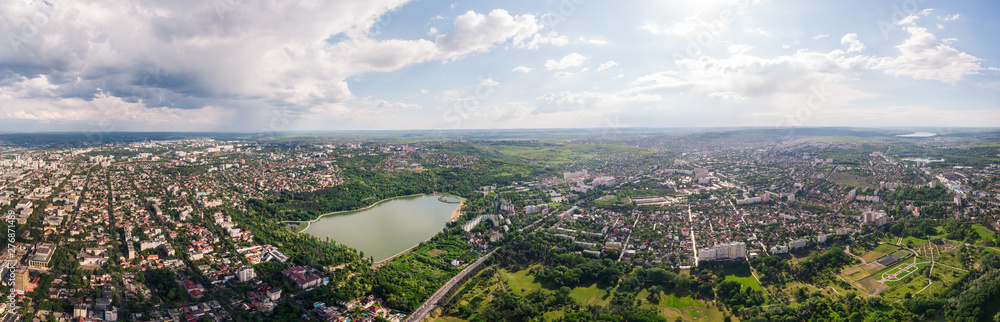 Aerial panoramic shot of Chisinau city with Valea Morilor park