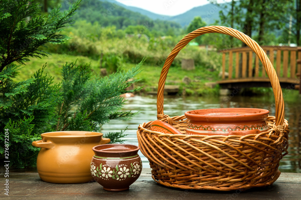 Close up. Rustic still life. National Ukrainian lunch in the home garden near the lake. Close up. Rustic still life. National Ukrainian lunch in the home garden near the lake.