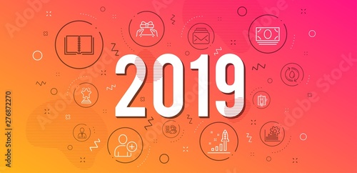 Infographic concept. Opinion, Human and Cash money icons simple set. Mail, Book and Development plan signs. Seo graph, Refill water and Add user symbols. Elevator, Give present and Winner. 2019 year