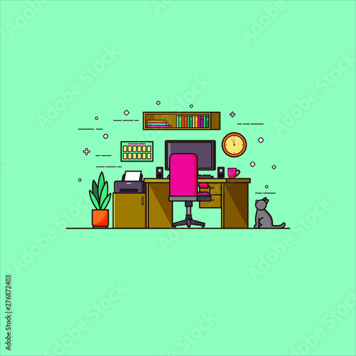 Workplace and cat, home office vector illustration. Freelancer, blogger, writer, individual business theme. Working table, computer, printer, coffee cup, plant in pot, wall planner, clock, bookshelf.