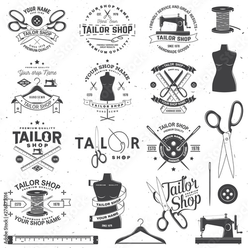 Tailor shop badge. Vector. Concept for shirt, print, stamp label or tee. Vintage typography design with sewing needle and scissors silhouette. Retro design for sewing shop business