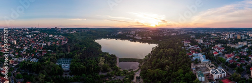 Panorama aerial drone shot of Valea Morilor park at sunset