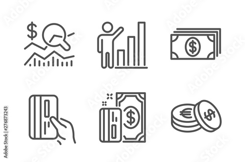 Check investment, Banking and Payment icons simple set. Payment card, Graph chart and Savings signs. Business report, Cash money. Finance set. Line check investment icon. Editable stroke. Vector