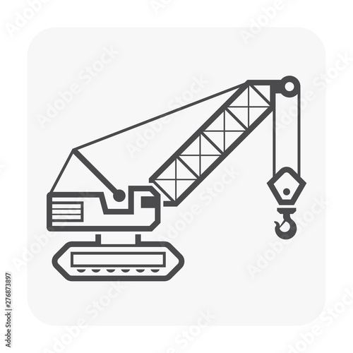 Crawler crane or derrick crane vector icon design. Machinery equipment or vehicle consist of lattice boom, track wheel and hook for work in building construction site to lift, transport heavy load.
