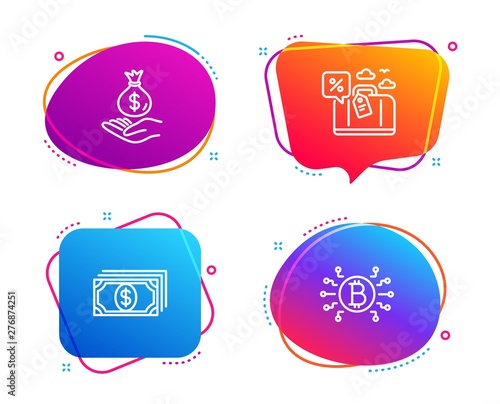 Payment, Travel loan and Income money icons simple set. Bitcoin system sign. Finance, Trip discount, Savings. Cryptocurrency scheme. Finance set. Speech bubble payment icon. Vector