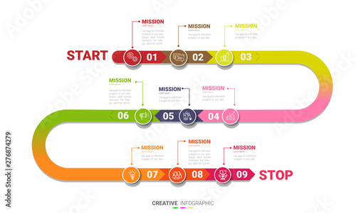 Infographic design template with 9 options, Can be used for process diagram, presentations, workflow layout, banner, flow chart, info graph.