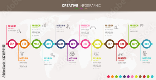 Time line for 1 year, 12 months, Timeline infographics design vector 12 steps and Presentation business can be used for Business concept with 12 options, steps or processes. 