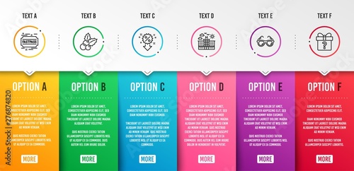 Christmas holly, Hotel and Sunglasses icons simple set. Fastpass, Discount and Secret gift signs. Ilex aquifolium, Travel. Holidays set. Infographic template. 6 steps timeline. Business options