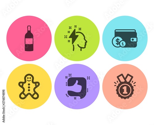 Wine bottle, Brainstorming and Like icons simple set. Gingerbread man, Buying accessory and Approved signs. Cabernet sauvignon, Lightning bolt. Business set. Flat wine bottle icon. Circle button