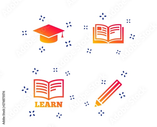 Pencil and open book icons. Graduation cap symbol. Higher education learn signs. Random dynamic shapes. Gradient education icon. Vector