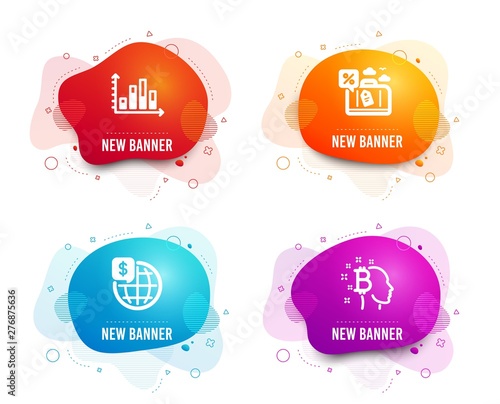 Liquid badges. Set of Diagram graph, Travel loan and World money icons. Bitcoin think sign. Presentation chart, Trip discount, Global markets. Cryptocurrency head.  Gradient diagram graph icon
