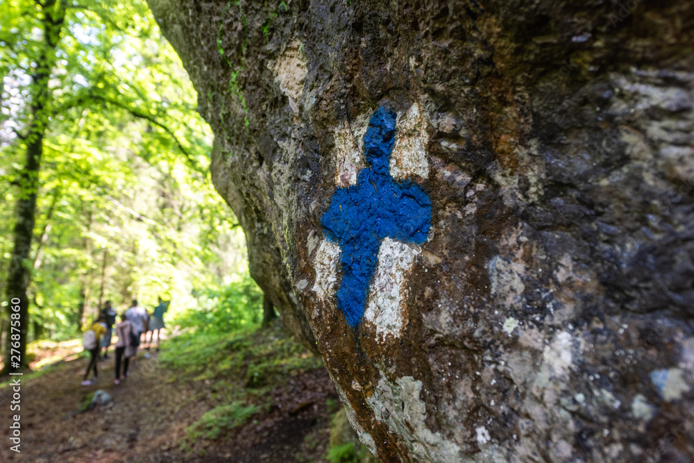 Touristic sign showing the route through the woods in the Carpathian Mountains Touristic sign showing the route through the woods in the Carpathian Mountains
