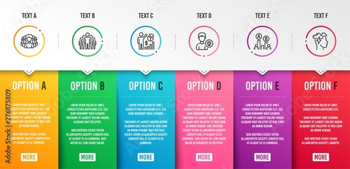Group, Seo statistics and Women group icons simple set. Ab testing, Person idea and Mindfulness stress signs. Managers, Analytics chart. People set. Infographic template. 6 steps timeline. Vector