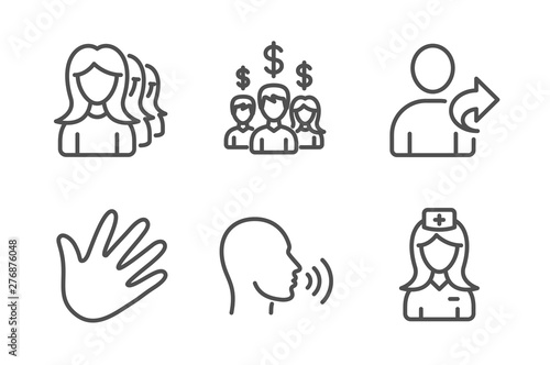 Salary employees  Human sing and Refer friend icons simple set. Hand  Women headhunting and Hospital nurse signs. People earnings  Talk. People set. Line salary employees icon. Editable stroke. Vector