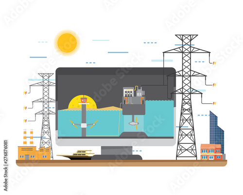 tidal energy in screen monitor with transmission line in simple graphic