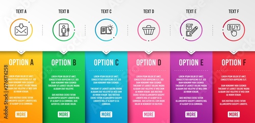 Incoming mail, Shop cart and Elevator icons simple set. Product knowledge, Checkbox and Buying signs. Download message, Web buying. Infographic template. 6 steps timeline. Business options. Vector