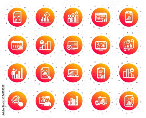 Graph icons. Set of Chart presentation  Report  Increase growth graph icons. Analytics testing  Falling demand  Pie chart report. Calendar statistics  Stats. Ab testing  Increase sales. Vector