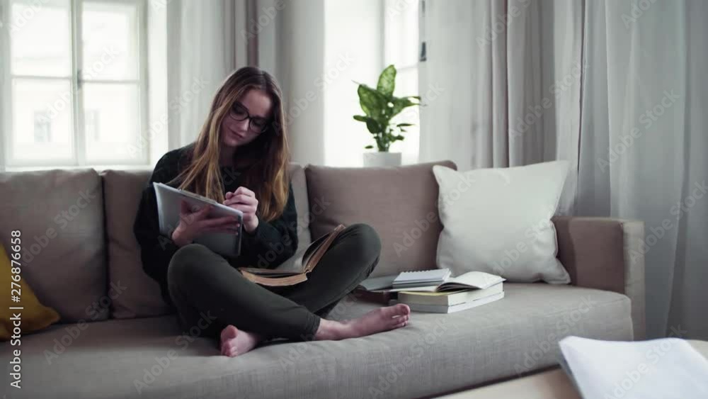 A happy young female student sitting on sofa, studying. A happy young female student sitting on sofa, studying.