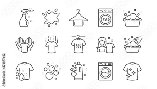 Laundry line icons. Dryer, Washing machine and dirt shirt. Laundromat, hand washing, laundry service icons. Linear set. Vector