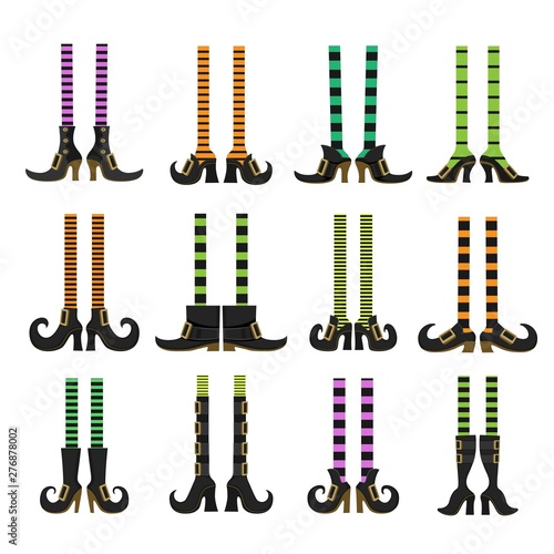 Collection of cartoon witch legs in striped stockings and various shoes isolated on a white background