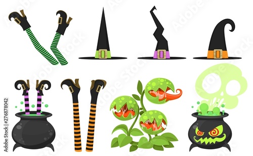 Collection of cartoon witch legs in striped stockings and cauldron, venus flytrap, hats elements for design isolated on a white background