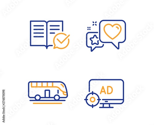 Bus tour, Approved documentation and Heart icons simple set. Seo adblock sign. Transport, Instruction book, Star rating. Search engine. Linear bus tour icon. Colorful design set. Vector