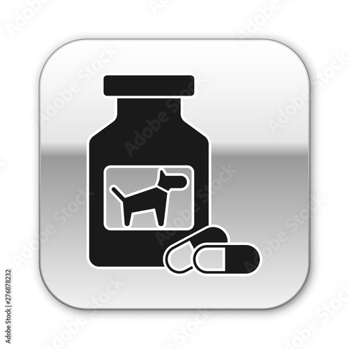 Black Dog medicine bottle and pills icon isolated on white background. Container with pills. Prescription medicine for animal. Silver square button. Vector Illustration