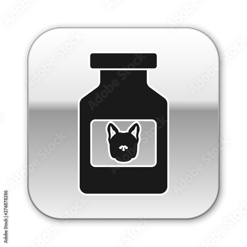 Black Dog medicine bottle icon isolated on white background. Container with pills. Prescription medicine for animal. Silver square button. Vector Illustration