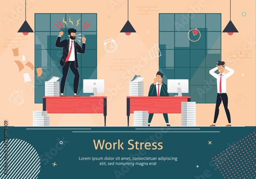Stress on Office Work Flat Vector Poster Template