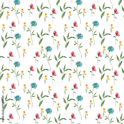 Beautiful watercolor floral and herbs seamless pattern with colorful flowers and leaves on white background. Botanical hand drawn illustration. Vintage wallpaper spring and summer season.