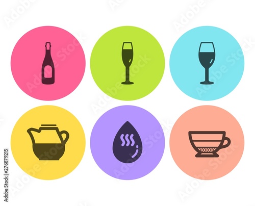Milk jug, Champagne and Hot water icons simple set. Champagne glass, Wineglass and Americano signs. Fresh drink, Celebration drink. Food and drink set. Flat milk jug icon. Circle button. Vector