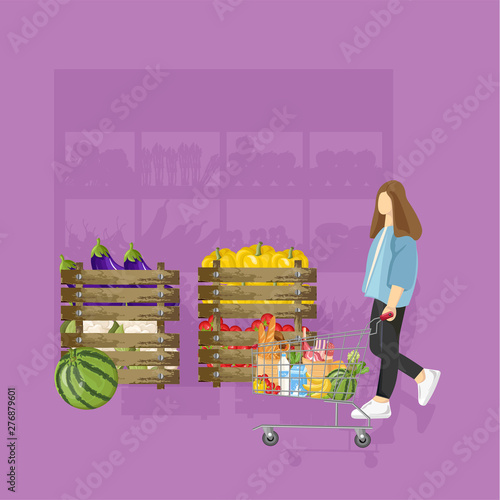 Woman shopping grocery Vector flat style. Purple color backgrounds