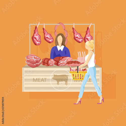 Woman shopping meat Vector flat style. Fresh farm products