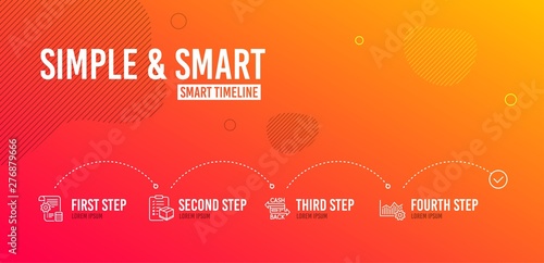 Infographic timeline. Cashback card, Settings blueprint and Parcel checklist icons simple set. Operational excellence sign. Money payment, Report document, Logistics check. Corporate business. Vector