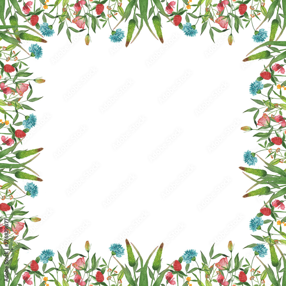Bright watercolor floral and herbal frame with different elements for invitations, greeting cards and other decorations. Summer flower frame.