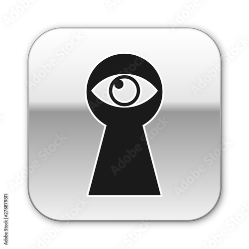 Black Keyhole with eye icon isolated on white background. The eye looks into the keyhole. Keyhole eye hole. Silver square button. Vector Illustration